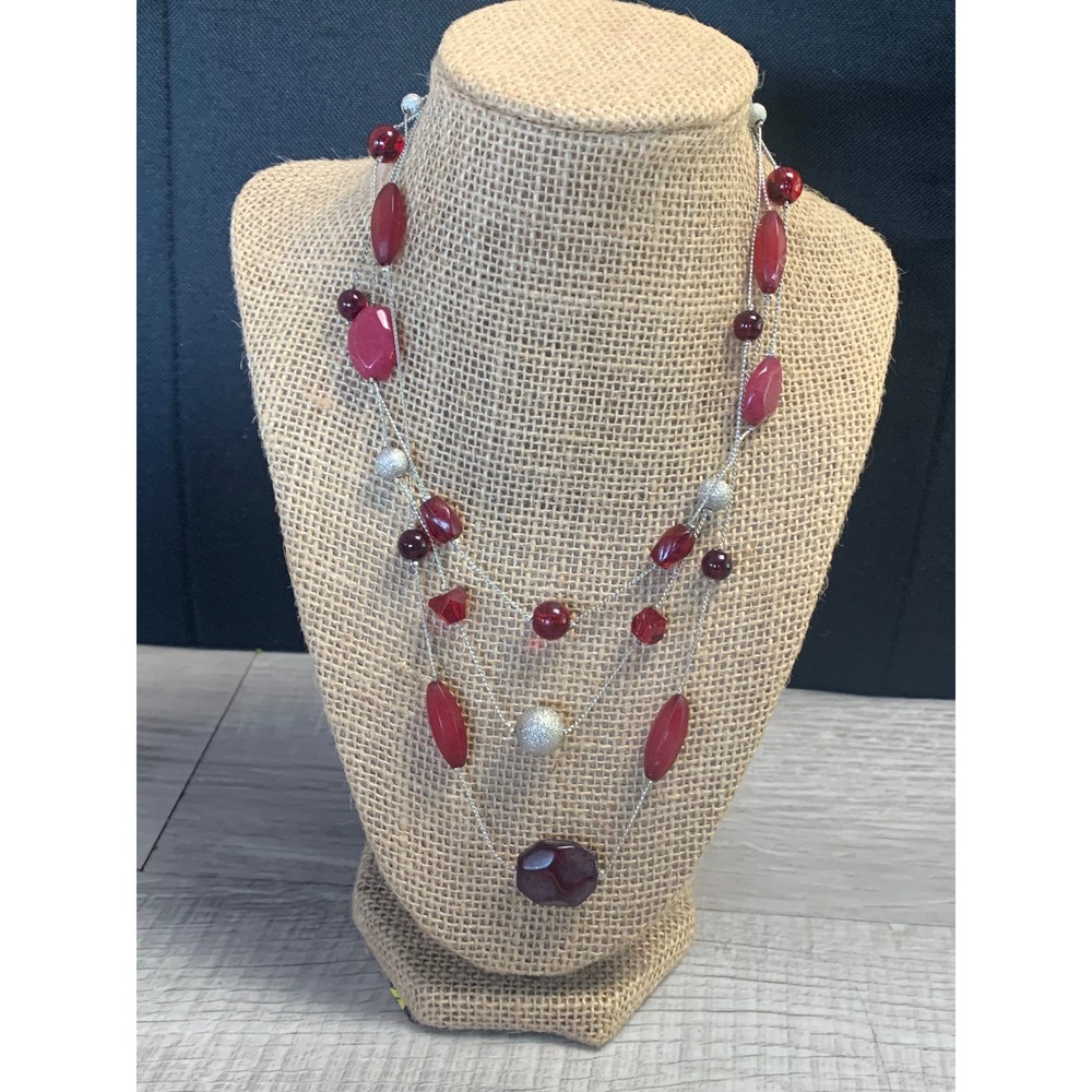 Red Multi Strand Beaded Statement Necklace Silver Tone‎ Tiered Mixed Media 16 In